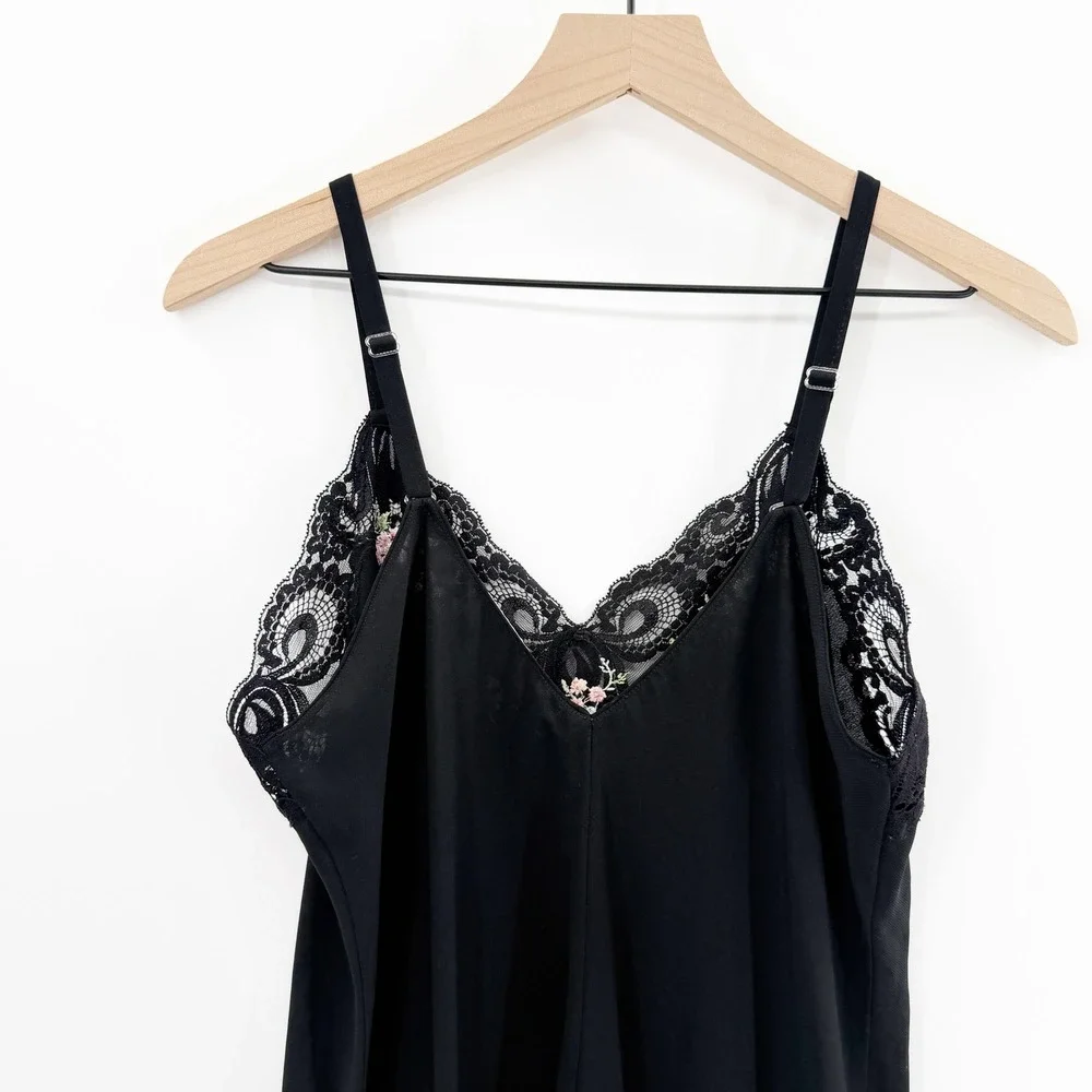 Vintage Y2K Lace Trim Mini‎ Slip Dress Embroidered in Black Size Large - Picture 4 of 8
